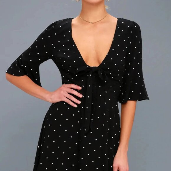Free People Black White V Neck All Yours Polka Dot Front Tie Dress Size 4 - Picture 4 of 11